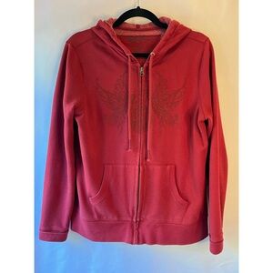 • LUCKY BRAND • VINTAGE RED FULL ZIP HOODIE with embroidered TWIN BIRDS •